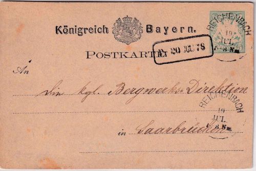 Bayern - 5 Pfg. Wappen Ganzsache K1 Reichenbach 19. JUL - Saarbrücken 1878