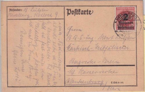 DR-Infla - 2 Mio./200 M. Ziffer Karte Heidelberg - Blankenburg 19.10.23