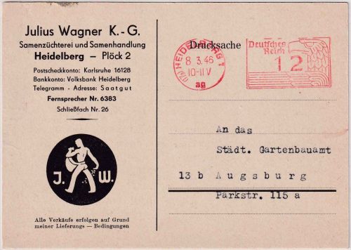DR - Heidelberg 8.3.46 12 Pfg. Postfreistempel Fiermendrucksache n. Augsburg