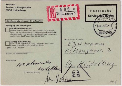 BRD - Heidelberg 1983 Einschreibe-Postsache/Ortskarte
