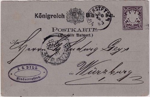 Bayern - 5 Pfg. Wappen Ganzsache/Antwortteil K1 Niederstetten - Würzburg 19.4.83
