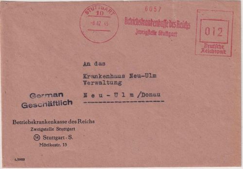 All.Bes. - Stuttgart 10 8.12.45 apt. 12 Pfg. AFS (Krankenkasse) Brief n. Neu-Ulm