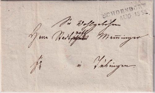 Württemberg - Schorndorf 11. AUG 1836 L2 Francobrief (10 Kr.) n. Tübingen