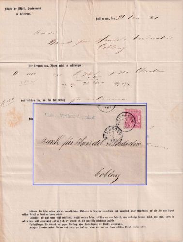 Württemberg - 3 Kr. Ziffer Brief K1 Heilbronn 27/1 - Coblenz 1871 - mit Inhalt