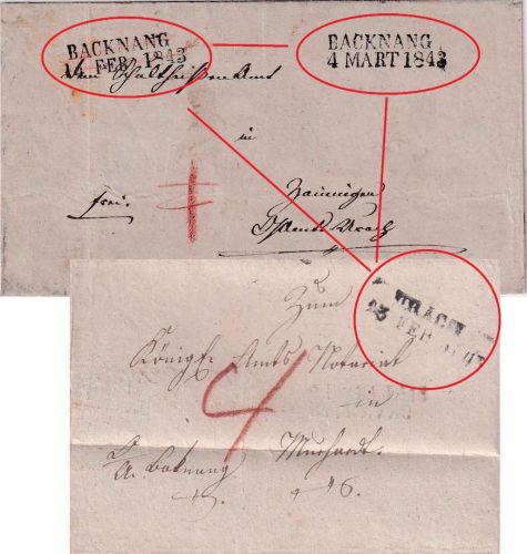 Württemberg - Backnang/Urach 1843 dreifach(!!) verwendete Briefhülle