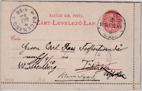Ungarn/Württemberg - 5 F. Ganzsache/Kartenbrief Bistritz - Tübingen 1895
