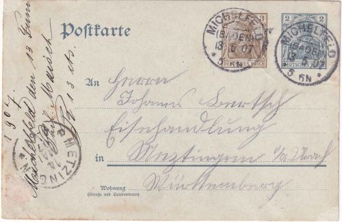 DR - Michelfeld (Baden) 13.5.07 KOS 2+3 Pfg. Germania Ganzsache n. Metzingen