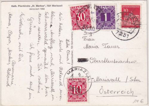 BRD - 30 Pfg. Brandenburger Tor Karte n. ÖSTERREICH Mariazell 3.7.71 - Nachporto