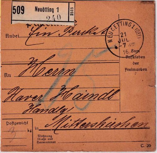 Bayern - Neuötting 1916 unfreie Paketkarte n. Mitterskirchen 25 Pfg. Nachporto
