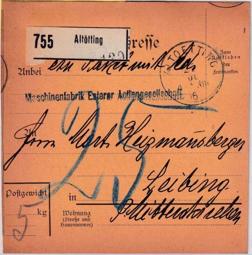 Bayern - Altötting 1916 unfreie Paketkarte n. Leibing 25 Pfg. Nachporto