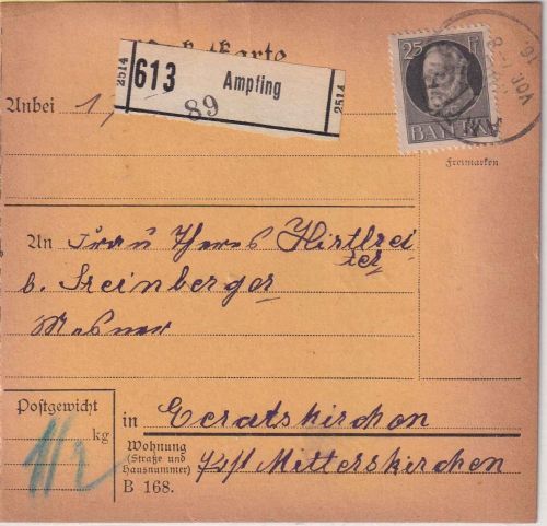 Bayern - 25 Pfg. Ludwig Paketkarte Ampfing - Eratskirchen 15. JUL 16
