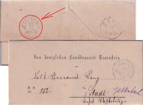 Bayern - Jettenbach i. Obb. 28. JUL K1/Sondertyp Ank.stpl. Dienstbrief 1877