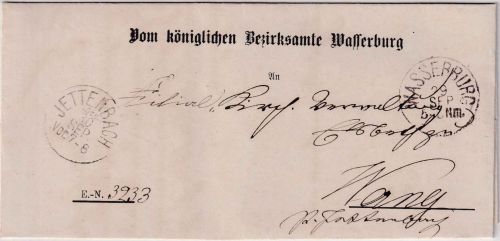 Bayern - Jettenbach i. Obb. 30. SEP K1/Sondertyp Ank.stpl. Dienstbrief 1877