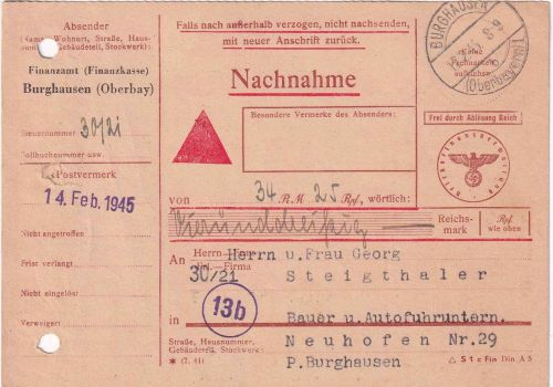 DR - Burghausen 17.2.45 Nachnahmekarte/Frei d. Ablösung (Finazamt)