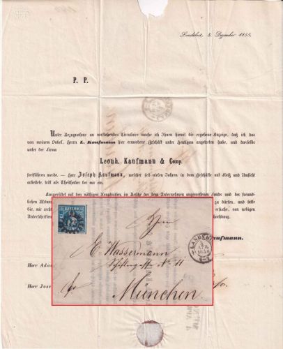 Bayern - 3 Kr. Quadrat blau Brief gMR 175 OPA-K2 Landshut 3. APR 1856 n. München