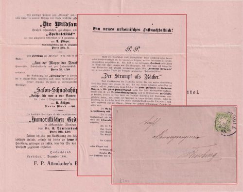 Bayern - 3 Pfg. Wappen Drucksache Landshut - Flensburg (!) 17. NOV 1885 Inhalt !