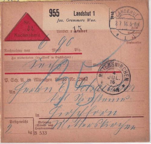 Bayern - Landshut 1916 unfreie Nachnahme-Paketkarte (Selbstbucher) n. Hirschhorn