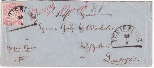 Bayern - 3 Kr. Wappen geschn. Chargebrief HKS Schierling - Landshut 26.8. (1869)