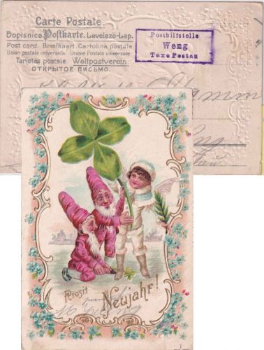 Bayern - Posthilfstelle Weng T. Postau viol. Ra2 farb. Neujahr-Prägekarte 1904
