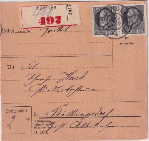 Bayern - 2x25 Pfg. Ludwig Einschreibe-Paketkarte Gündlkofen - Altenkirchen 1918