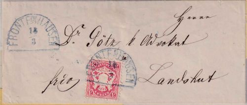 Bayern - 3 Kr. Wappen gez. blauer HKS Frontenhausen 14/3 Brief n. Landshut