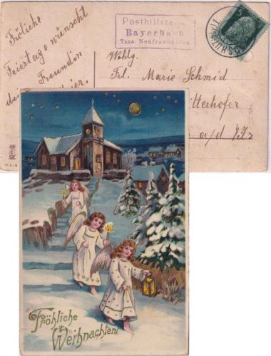 Bayern - Posthilfstelle Bayerbach T Neufraunhofen Ra3 Weihnachtskarte 24.12.1913