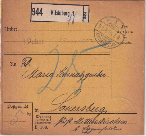 Bayern - Vilsbiburg 1916 unfreie Paketkarte n. Sauersberg - 25 Pfg. Nachporto