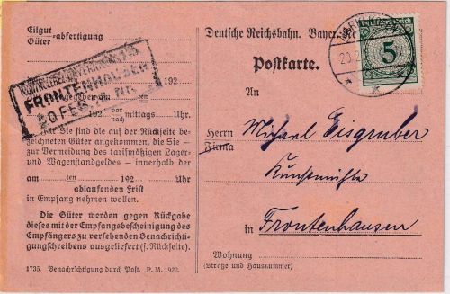 DR - 5 Pfg. Korbdeckel Karte/Frachtgutbenachrichtigung Marklkofen 20.2.24