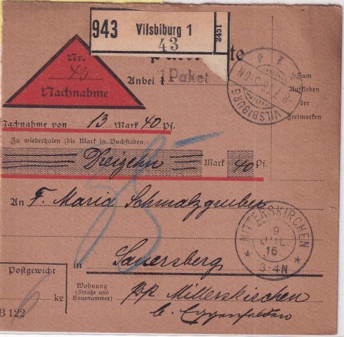 Bayern - Vilsbiburg 1916 unfreie Nachnahme-Paketkarte n. Sauersberg - Nachporto