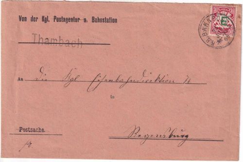 Bayern - 10 Pfg. Wappen/E Brief Bahnpost Rosenheim/Plattling Aufg. Thambach 1908