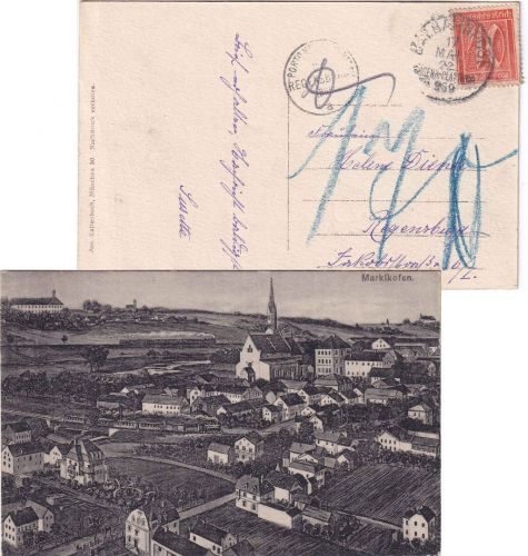 Bayern - Marklkofen Ortsansicht sw-AK gelaufen 1922 Nachporto/Bahnpost