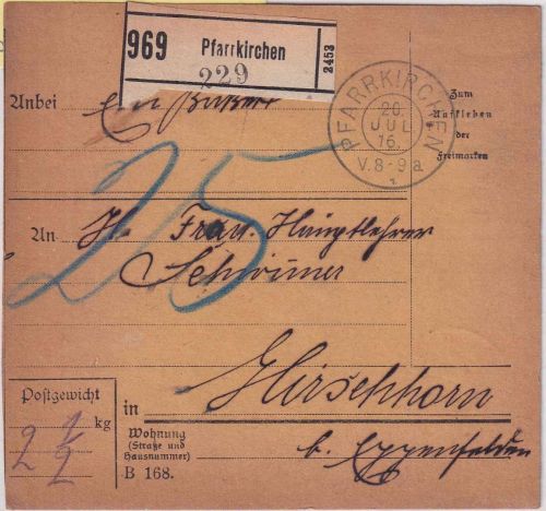 Bayern - Pfarrkirchen 1916 unfreie Paketkarte n. Hirschhorn - 25 Pfg. Nachporto