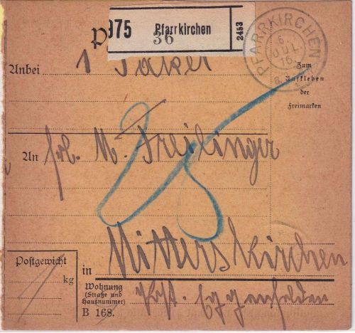 Bayern - Pfarrkirchen 1916 unfreie Paketkarte n. Hirschhorn - 25 Pfg. Nachporto