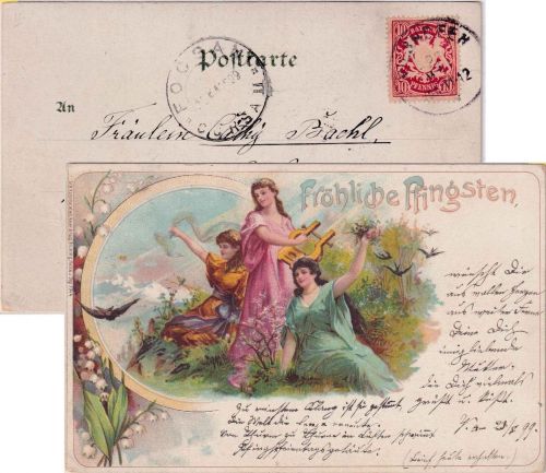 Bayern - 10 Pfg. Wappen Pfingstkarte n. RUMÄNIEN Vilshofen - Focsani 1899