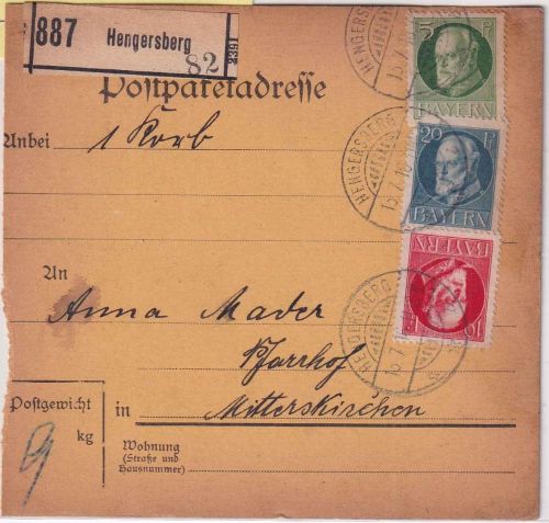 Bayern - 20+10+5 Pfg. Ludwig Paketkarte Hengersberg - Mitterskirchen 1916