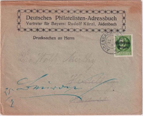Bayern - 5 Pfg. Ludwig/Volksstaat Drucksache (Absender !) Aidenbach 1919