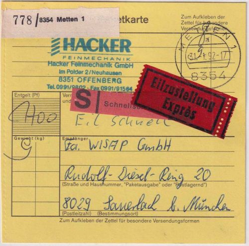 BRD - Metten 1992 unfreie Schnell-Eilbotenpaketkarte (Tarif 17 DM) n. Sauerlach