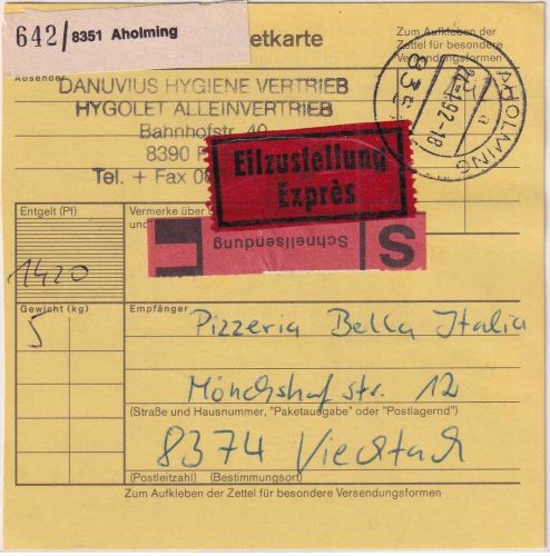 BRD - Aholming 1992 unfreie Schnell-Eilbotenpaketkarte (Tarif 14,20 DM)