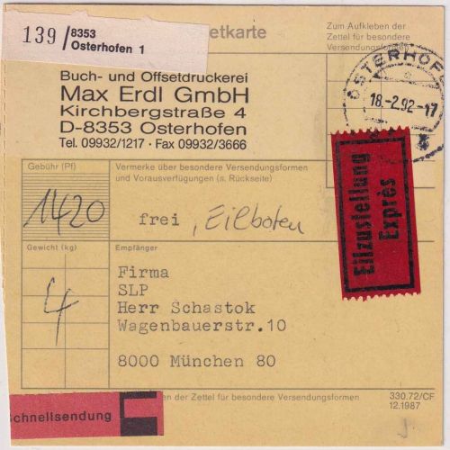 BRD - Osterhofen 1992 unfreie Schnell-Eilbotenpaketkarte (Tarif 14,20 DM)