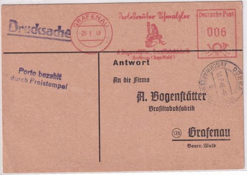 All.Bes. - Grafenau 1948 6 Pfg. AFS Drucksache/Antwortkarte v. Döbra
