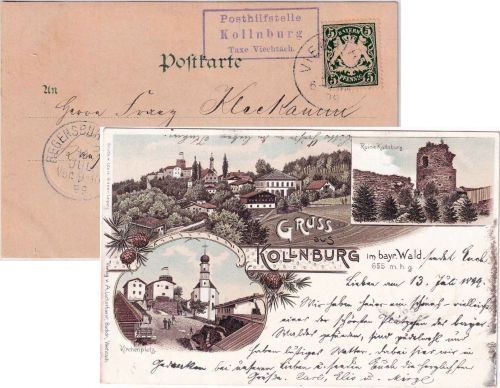 Bayern - Posthilfstelle Kollnburg T. Viechtach Ra3 Mehrbild-Farblitho 1899