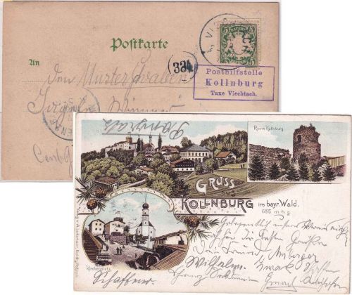 Bayern - Posthilfstelle Kollnburg T. Viechtach Ra3 Mehrbild-Farblitho 1900