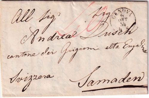 Italien/Schweiz - Genua 1854 Portobrief nach Samaden - mit Inhalt