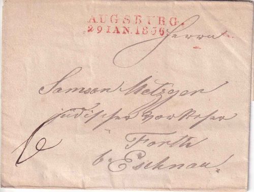 Bayern - Augsburg 29. Jan 1836 roter L2 Portobrief n. Forth b. Eschnau - Judaika