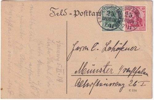 DR - 5+10 Pfg. Germania Zusammendruck Feldpostkarte n. Münster 7/11 (1914 !!)