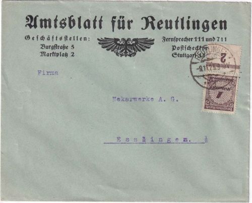 DR-Infla - 1 Mrd. Korbdeckel illustr. Firmenbrief Reutlingen - Esslingen 11.9.23
