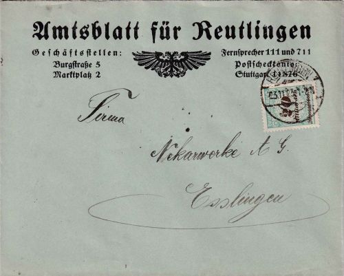 DR-Infla - 20 Mrd. Korbdeckel illustr. Firmenbrief Reutlingen Esslingen 23.11.23