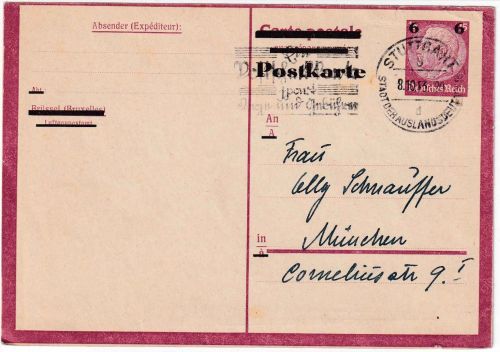 DR - 6/15 Pfg. Ganzsache Hindenburg/Überdruck Stuttgart - München 8.10.43 Text !