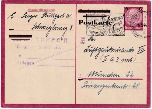 DR - 6/15 Pfg. Ganzsache Hindenburg/Überdruck Stuttgart - München 1.3.44 Text !