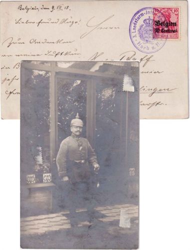 LP Belgien - 10 C./10 Pfg. Germania Feldpostkarte 3. Landsturm-Inf.Kp. Horb 1915